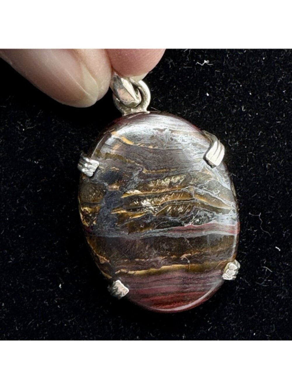 Tiger Iron Sterling Silver Pendant Polished Oval Gemstone Natural Layered Bands - Picture 14 of 16